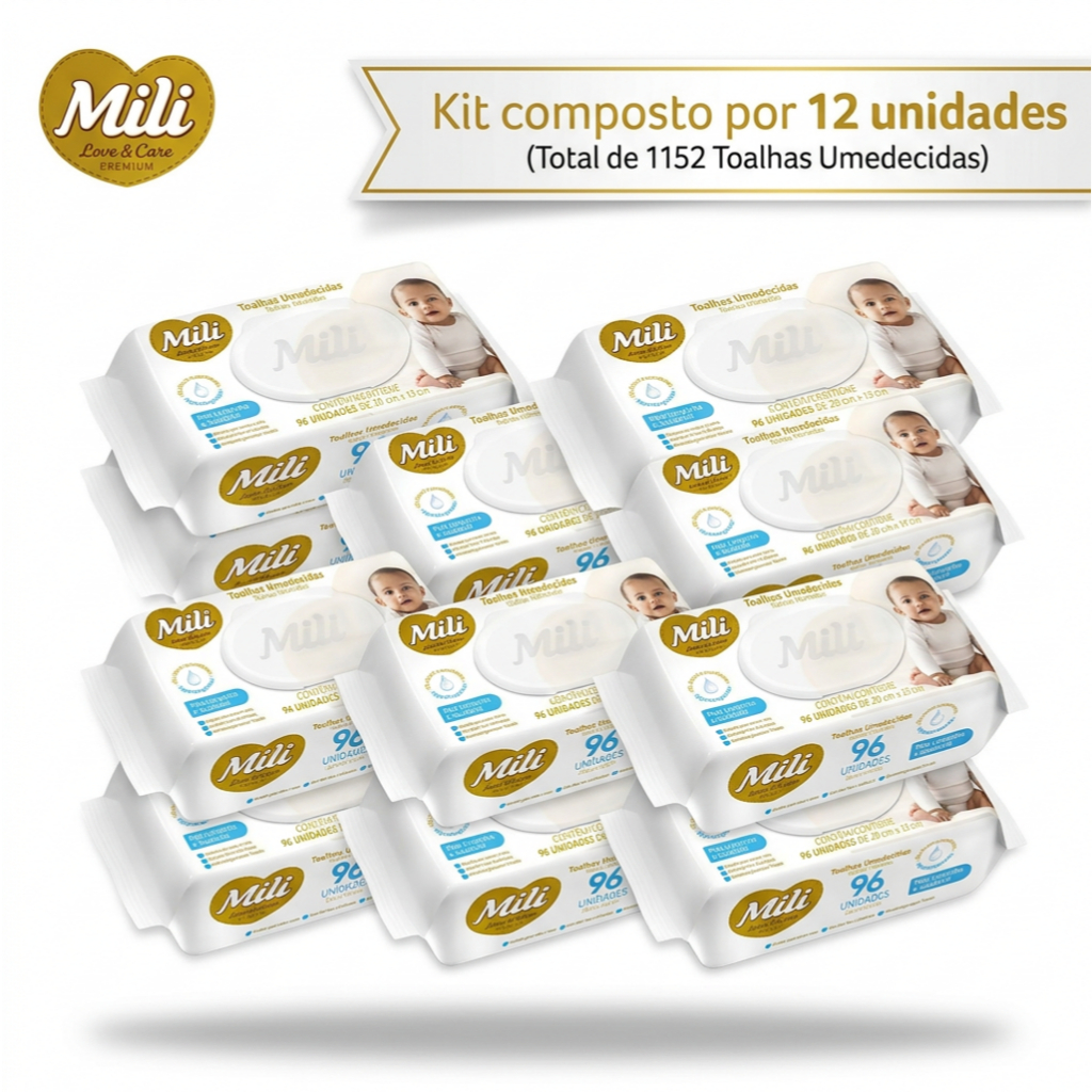 1152 Toalhas Umedecidas Mili Love e Care Premium - Caixa Fechada 12 pacotes com 96un Lenço Umedecido
