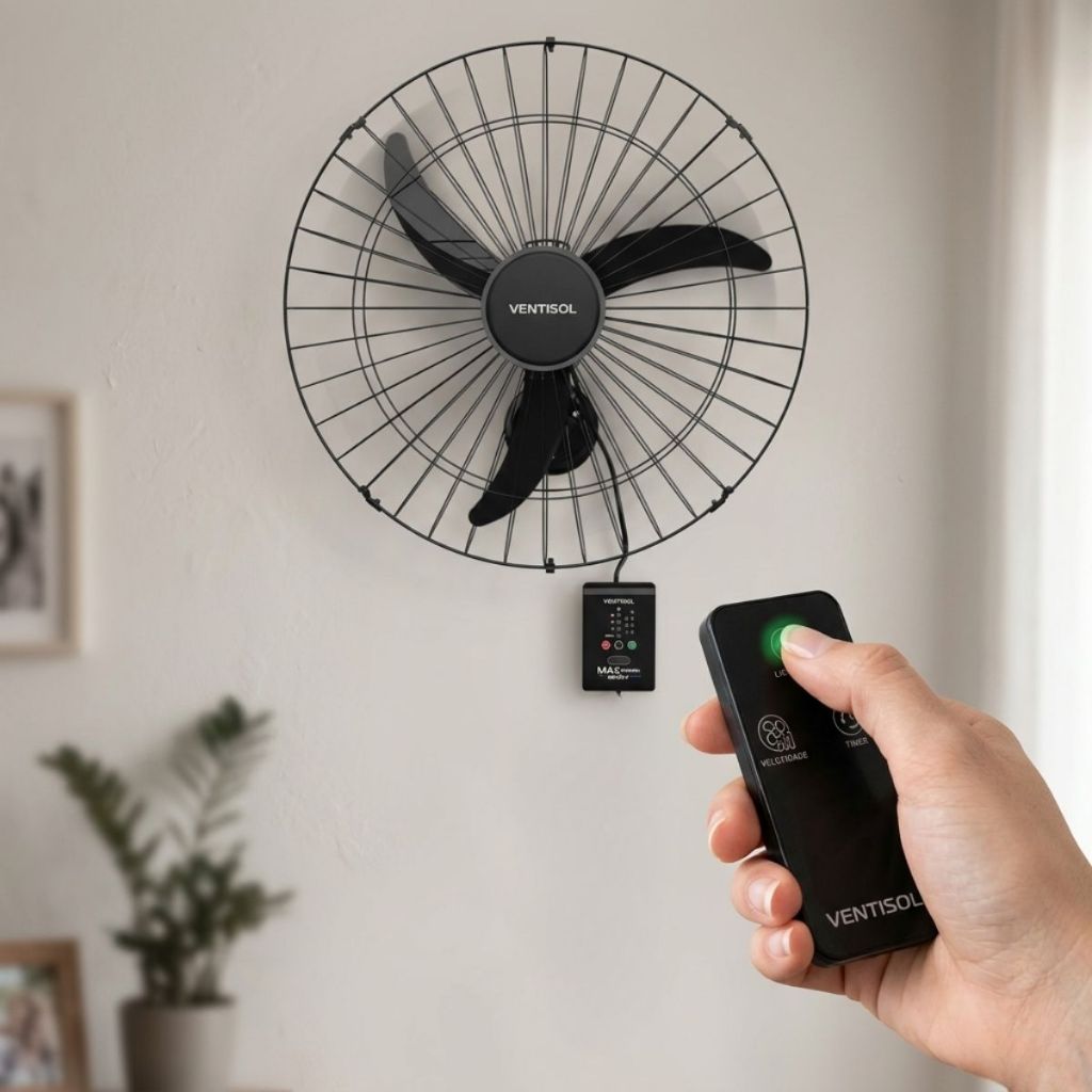 Ventilador de Parede Com Controle Remoto Ventisol Grade Metal Preto 60cm Biv