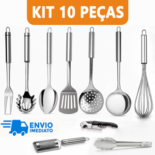 Kit 10 Utensílio para Cozinha Aço Inox Escumadeira Concha Colher Arroz Garfo Espátula Fue Pegador Ralador em Oferta na Shopee