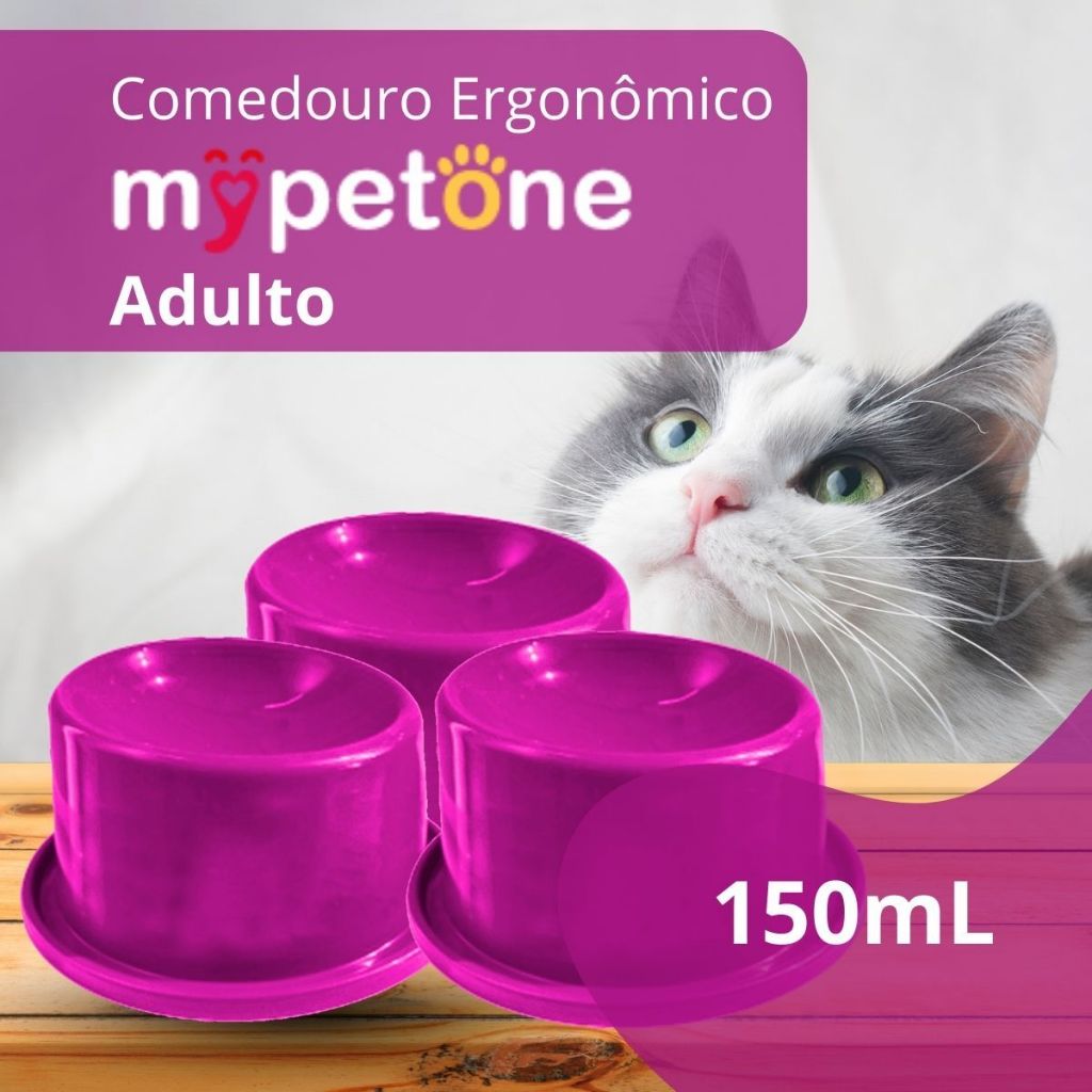 3 Comedouro Cão e Gato Ergonômico Alto 150ml Mypetone Rosa Adulto/Filhotes