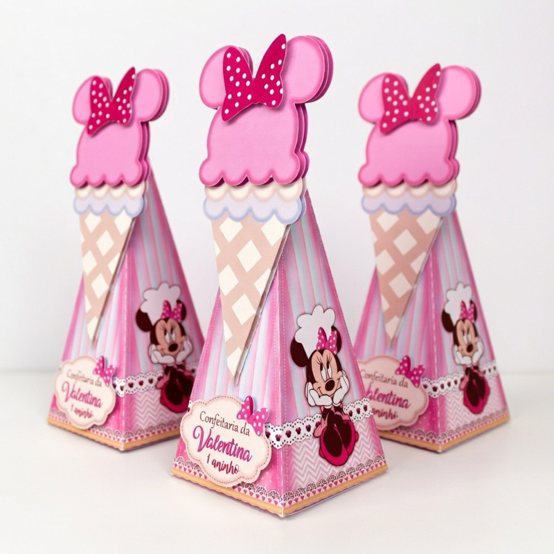Kit 10 Unidades Caixa Cone / Pirâmide Confeitaria da Minnie Luxo  Personalizada Nome - Papel Fotográfico Brilho