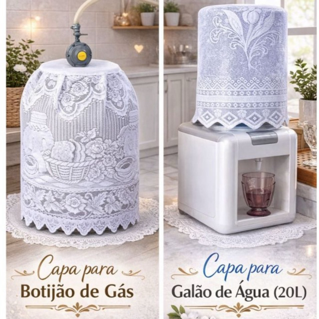 Kit 1 Capa de Renda Galão 20L + 1 Capa para Botijão de Gás 13 Kg em Renda