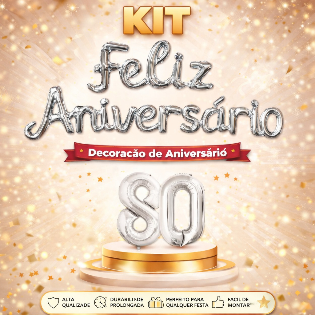 Kit Balão Metalizado Faixa Feliz Aniversário + 2 Números 40 cm Prata