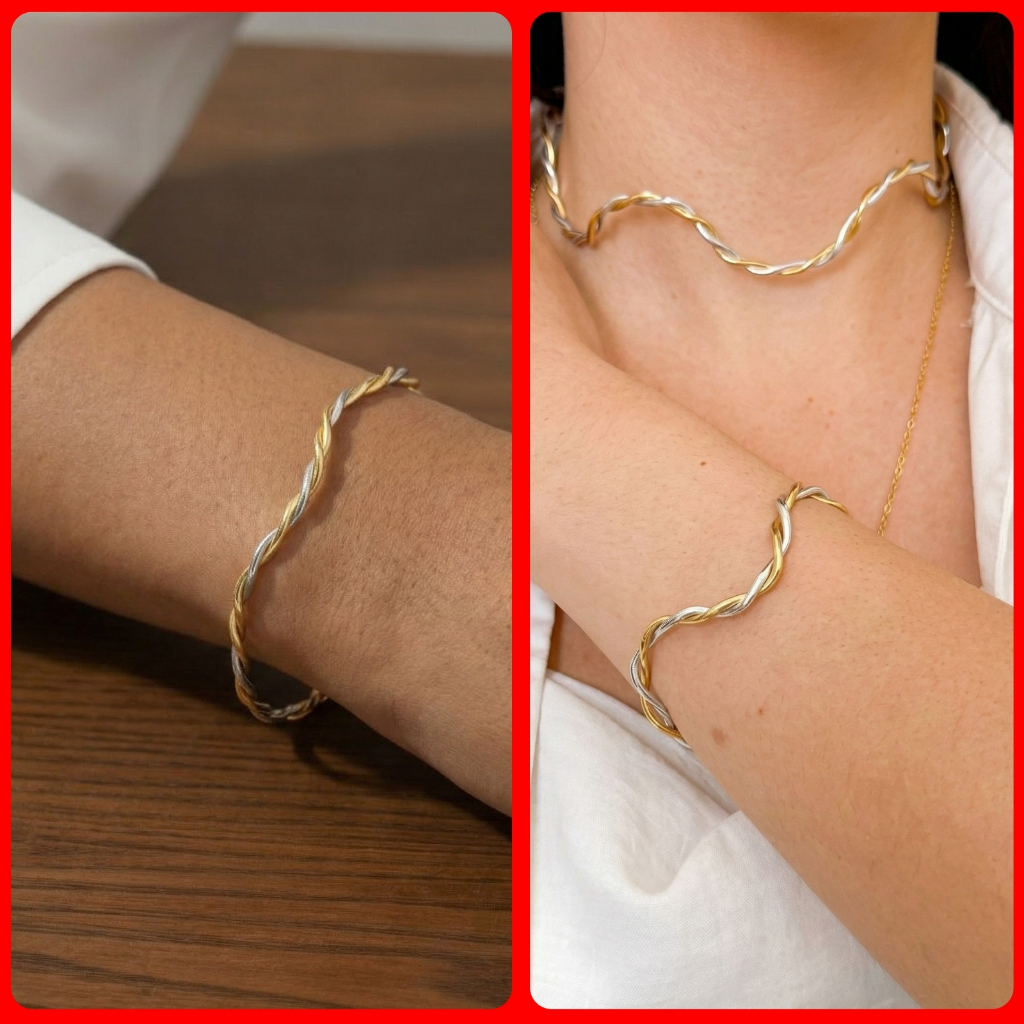 [ SEMI JOIA ] Bracelete Feminino Torcido Conjunto Dourado e Prata Alto Padrão Presente Dia