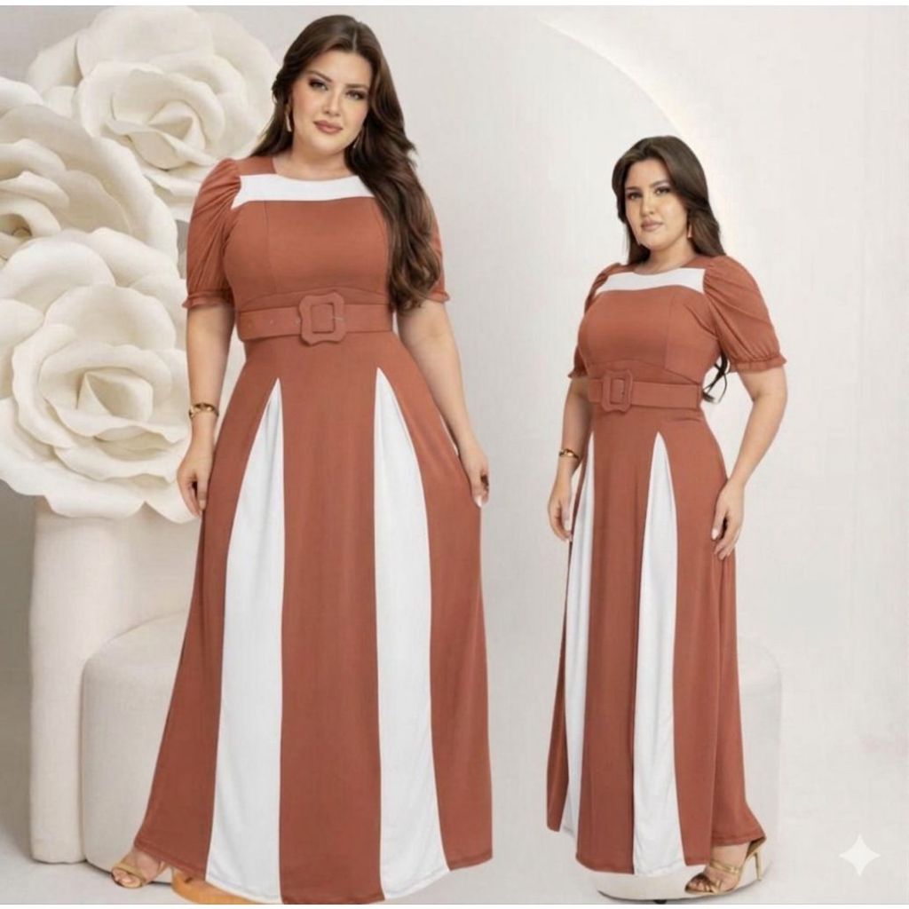 Vestido Feminino Longo Bicolor Social Manga Estilosa Cinto Moda Evangélica Plus Size Congresso