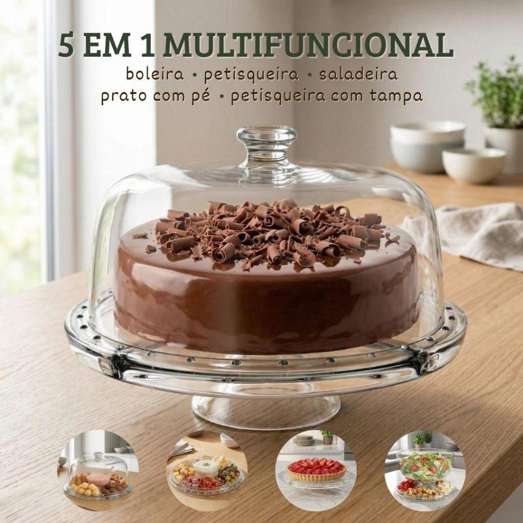 Petisqueira Boleira Saladeira de Vidro Com Tampa de Vidro pesado Luxo Monaco 5 em 1 Rubolo
