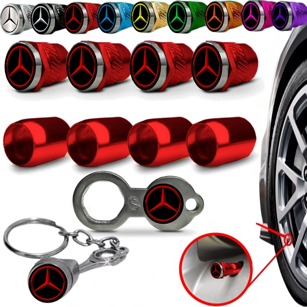 Mercedes Jogo Para as 04 Rodas AntiFurto Bico de Pneu Metal Valvula Vermelha com Chaveiro Pistão