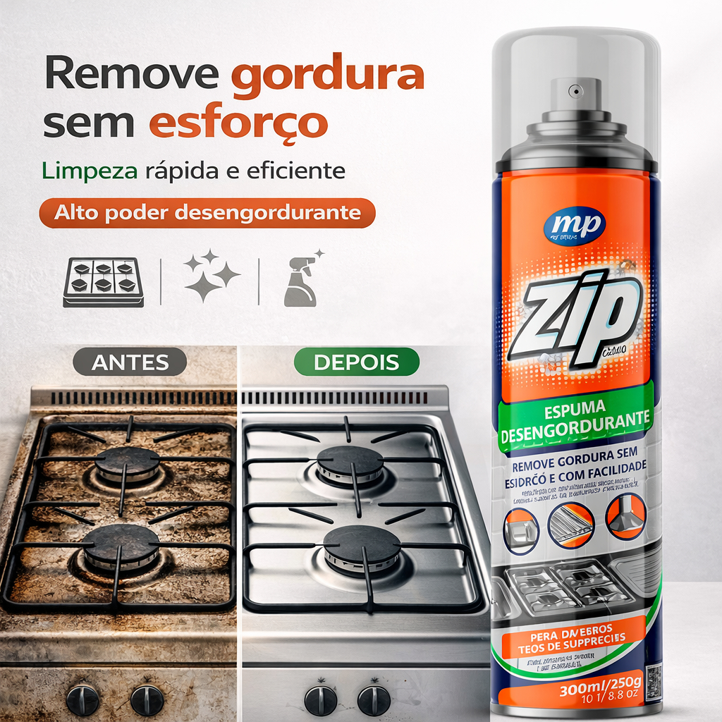 Imagem Kit 2 Desengordurante Spray Espuma Zip Clean Limpeza Pesada Cozinha 300ml Limpa Fogão Panelas Alumínios Remove Gordura