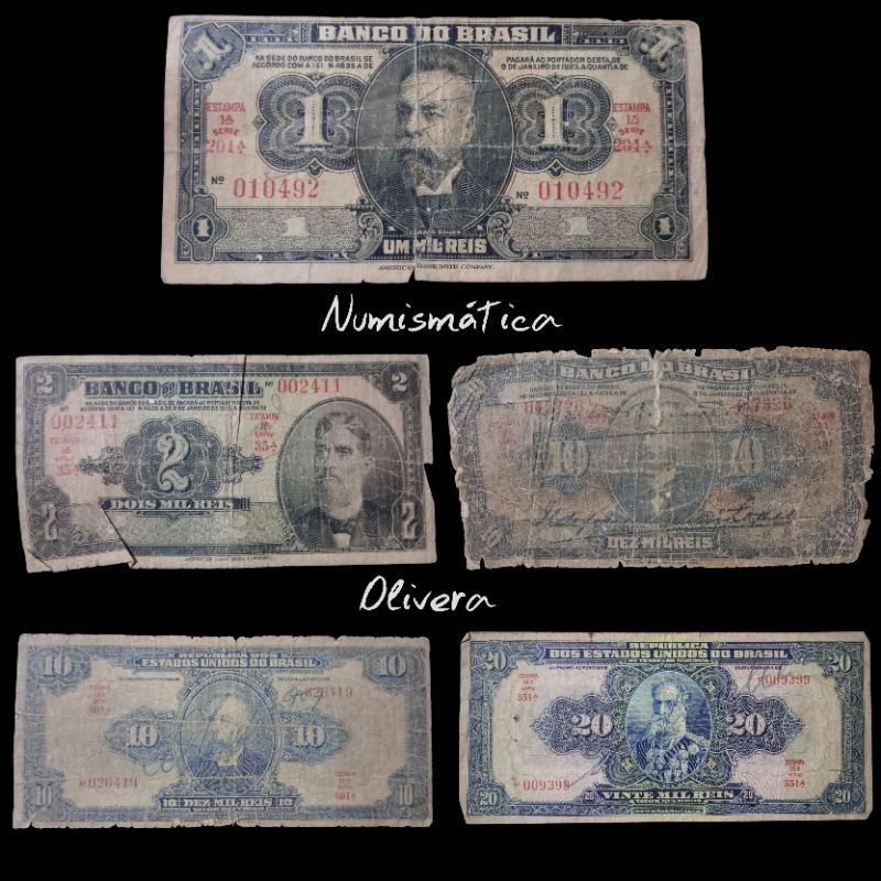 Cédulas de Réis 1, 2, 10 e 20 mil réis.