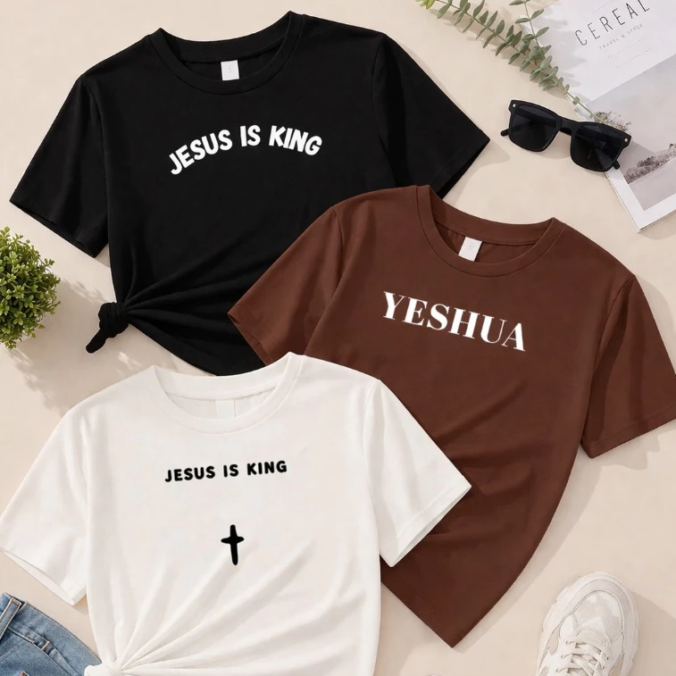 Kit 3 Blusas Femininas Cristãs 100% Algodão Jesus Is King Yeshua Off White Marrom — imagem 1