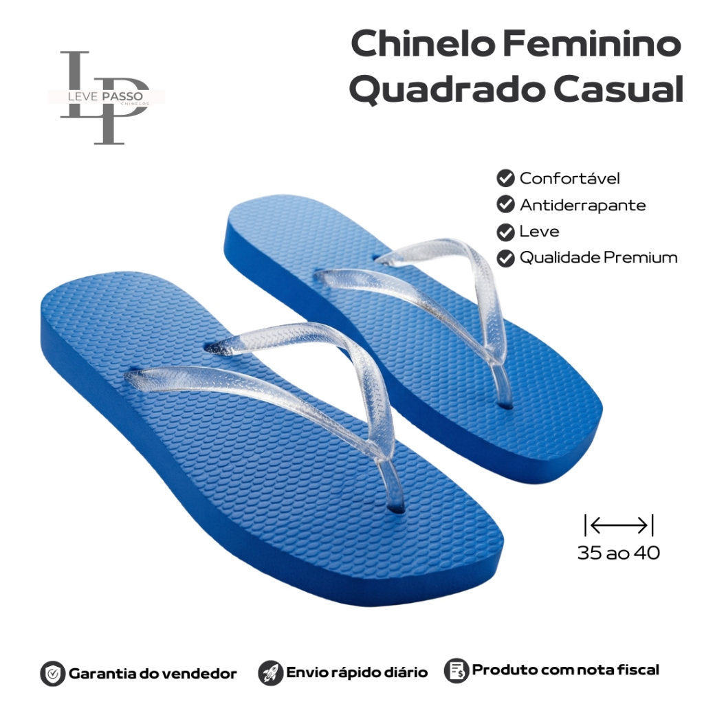 Chinelo LevePasso Quadrado Azul Feminino Confortável Antiderrapante Numeração 35 ao 40 Casual Leve Dia a Dia