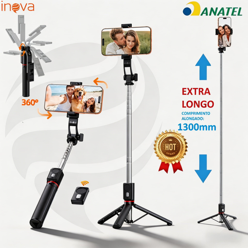 INOVA Tripe de Selfie com Controle Remoto, Rotação 360°, Abertura 1300mm, Leve e Resistente