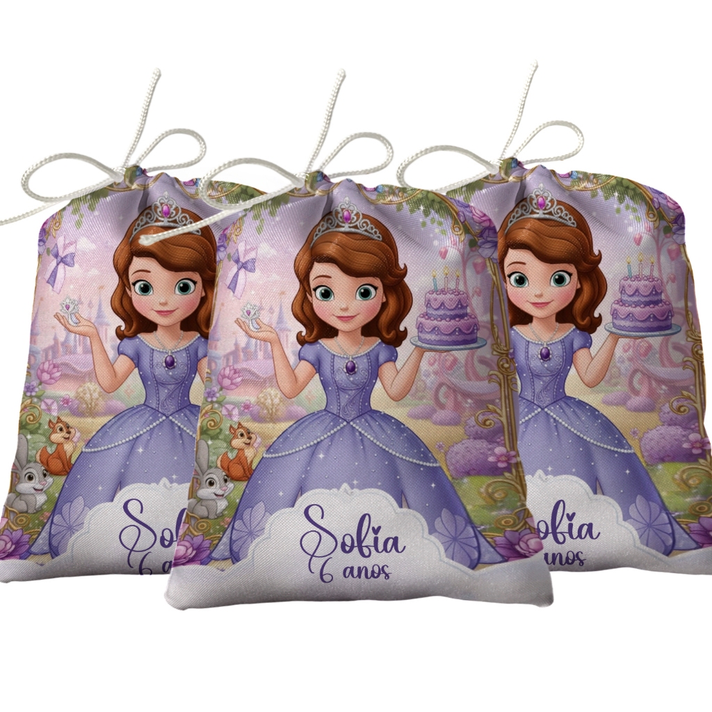 Sacolinha Lembrancinha Festa Aniversário Surpresa Tecido Personalizado Princesa Sofia M1
