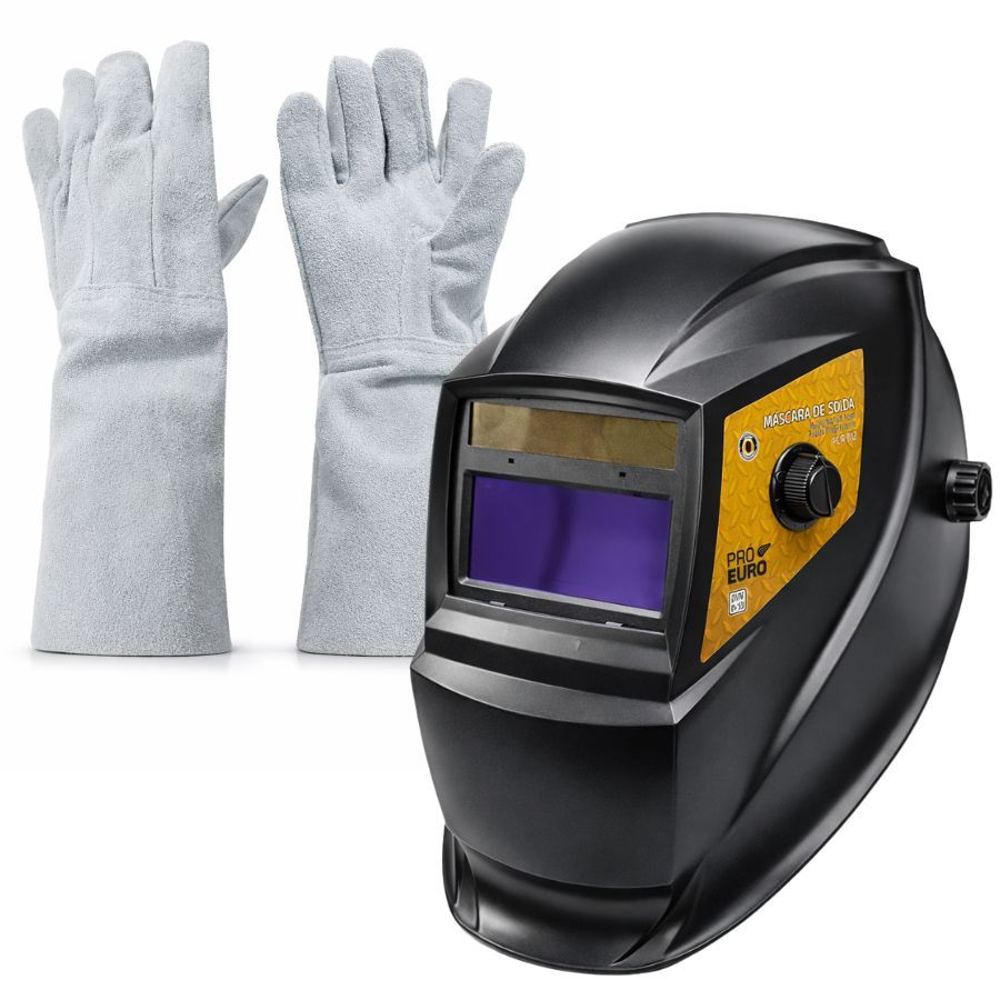 Kit Máscara de Solda Escurecimento Automático Luvas de Couro Raspa Profissional Pró Euro