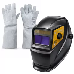Kit Máscara de Solda Escurecimento Automático Luvas de Couro Raspa Profissional Pró Euro