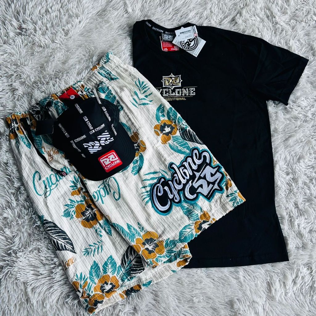 kit Bermuda Da Cyclone Veludo Floral Chave + Camiseta e Boné