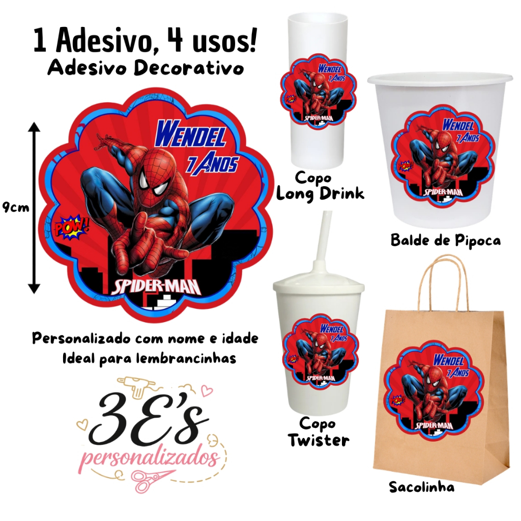 Homem Aranha Adesivos Personalizados Sacolinhas Balde de Pipoca Copo Twister Copo Long Drink