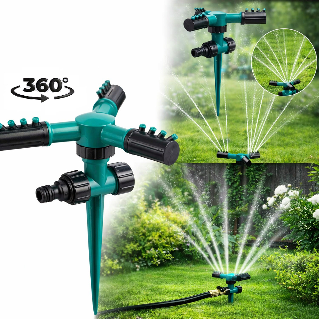 Kit com 3 Irrigador Aspersor Giratório 360° com Espeto 3 Braços para Mangueira Jardim Gramado Horta