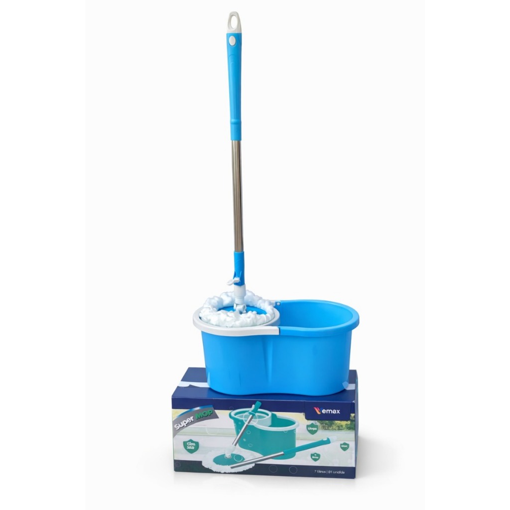 Balde Mop Giratório Azul com Esfregão Inox Spin Mop Completo Cesto e Cabo Ajustável Limpeza Prática