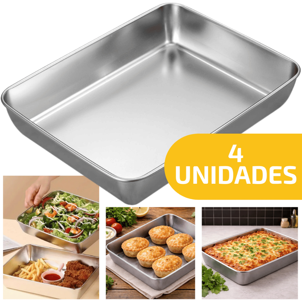 4 Bandeja Assadeira Retangular Lisa Aço Inox Alta 25,5x20,5 Cm Servir Assar Carne Bolo Aves Receitas