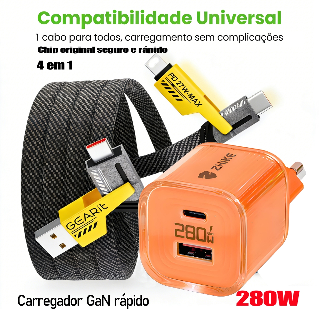 Kit Carregador GaN 280W + Cabo 4 em 1 PD | 3 Opções: Apenas Cabo/Fonte/Combo | Compatível com iPhone/Samsung/Motorola