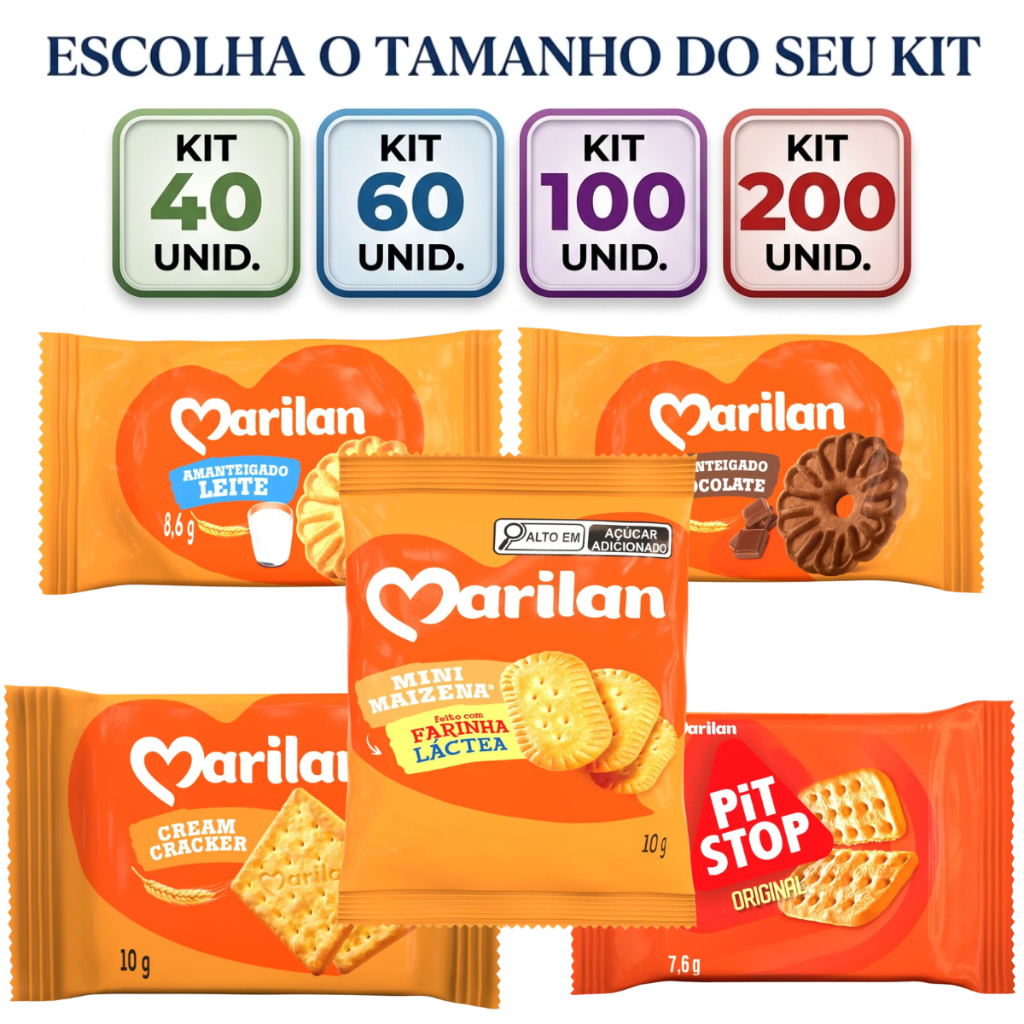 Kit Biscoito Em Sachê Marilan Chocolate, Leite, Maizena, Pit Stop, Cream Cracker, Cookie