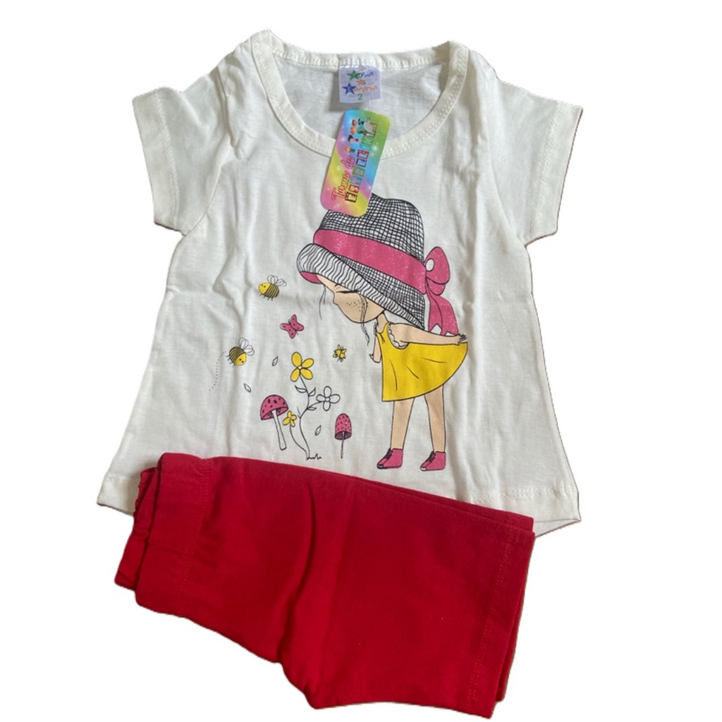 Conjunto infantil feminino chapéu cor creme - menina - verão - bermuda + camiseta manga curta - infantil -tamanho  2
