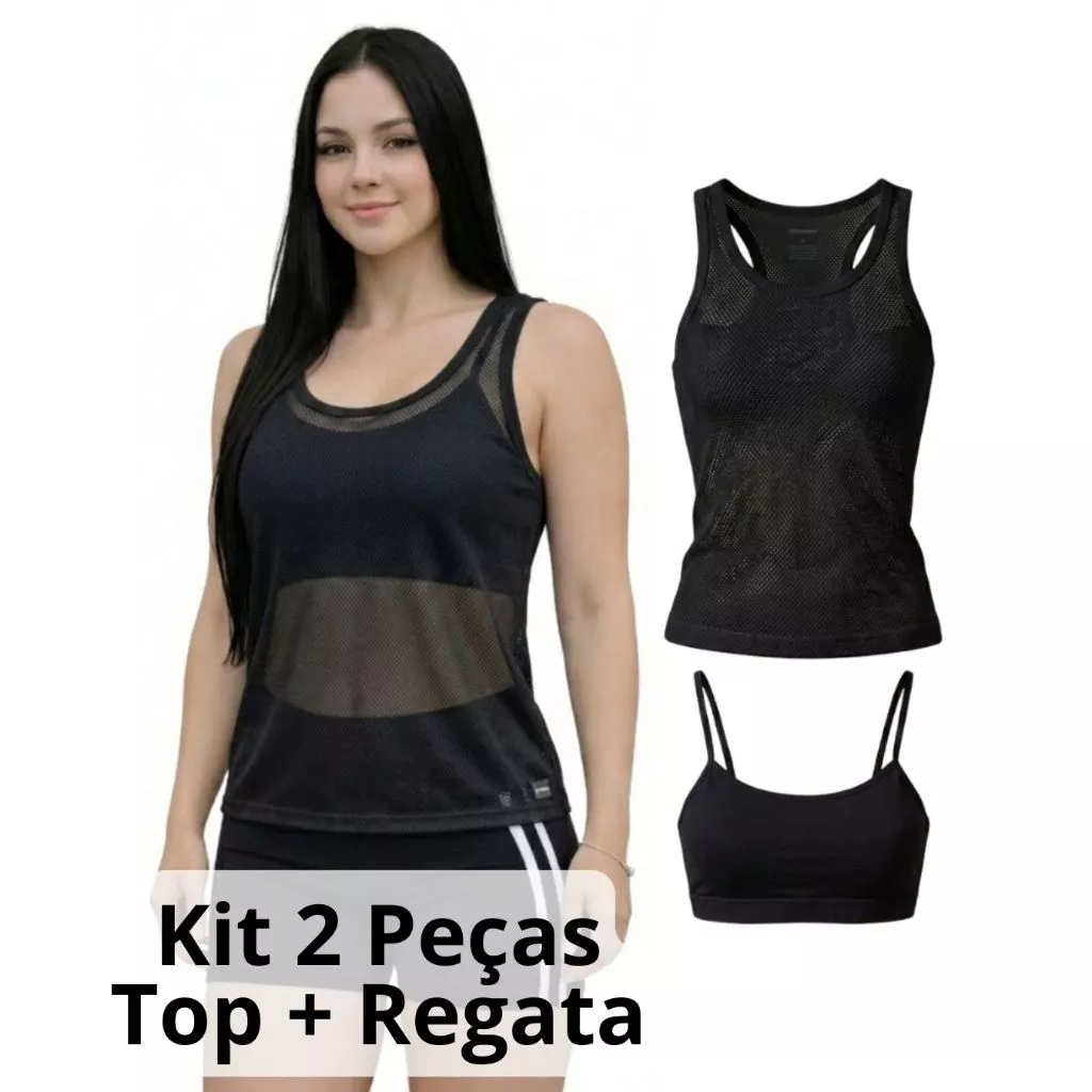 Conjunto Regata Telinha Feminina e Top Suplex Sem Bojo Fitness Academia Kit 2 Peças — imagem 1