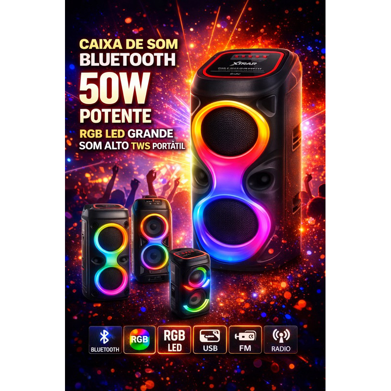 Imagem Caixa de Som Bluetooth 50W Potente RGB LED Grande Som Alto TWS Portátil USB FM