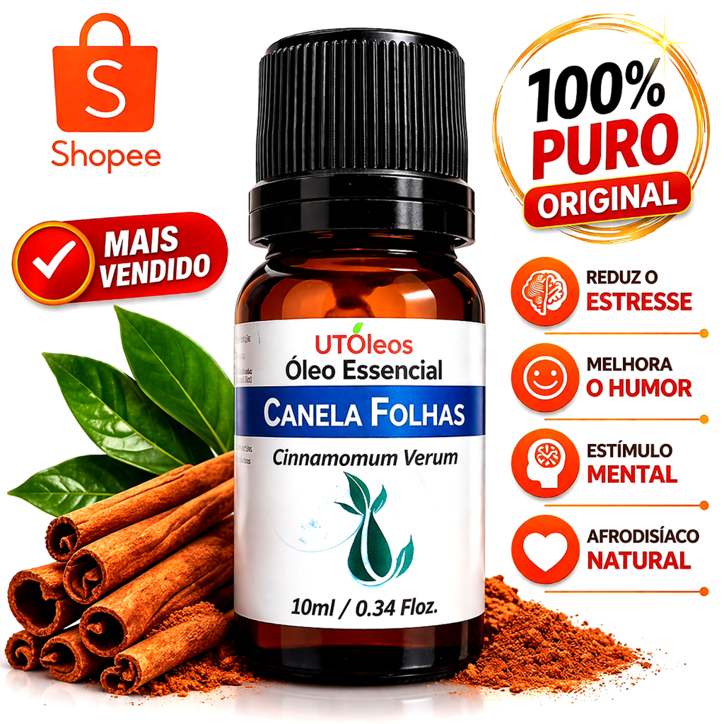 Óleo Essencial Canela Folhas 100% Puro, aroma intenso e aconchegante, ideal difusor e massagem em Oferta na Shopee