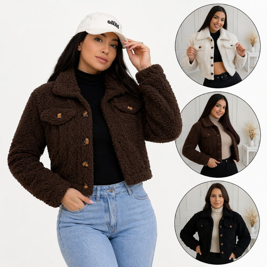 Teddy Curto Casaco Botao Cropped Pelinho Jaqueta Blusa de Frio Feminina Felpudo Ted Tedy Casaquinho