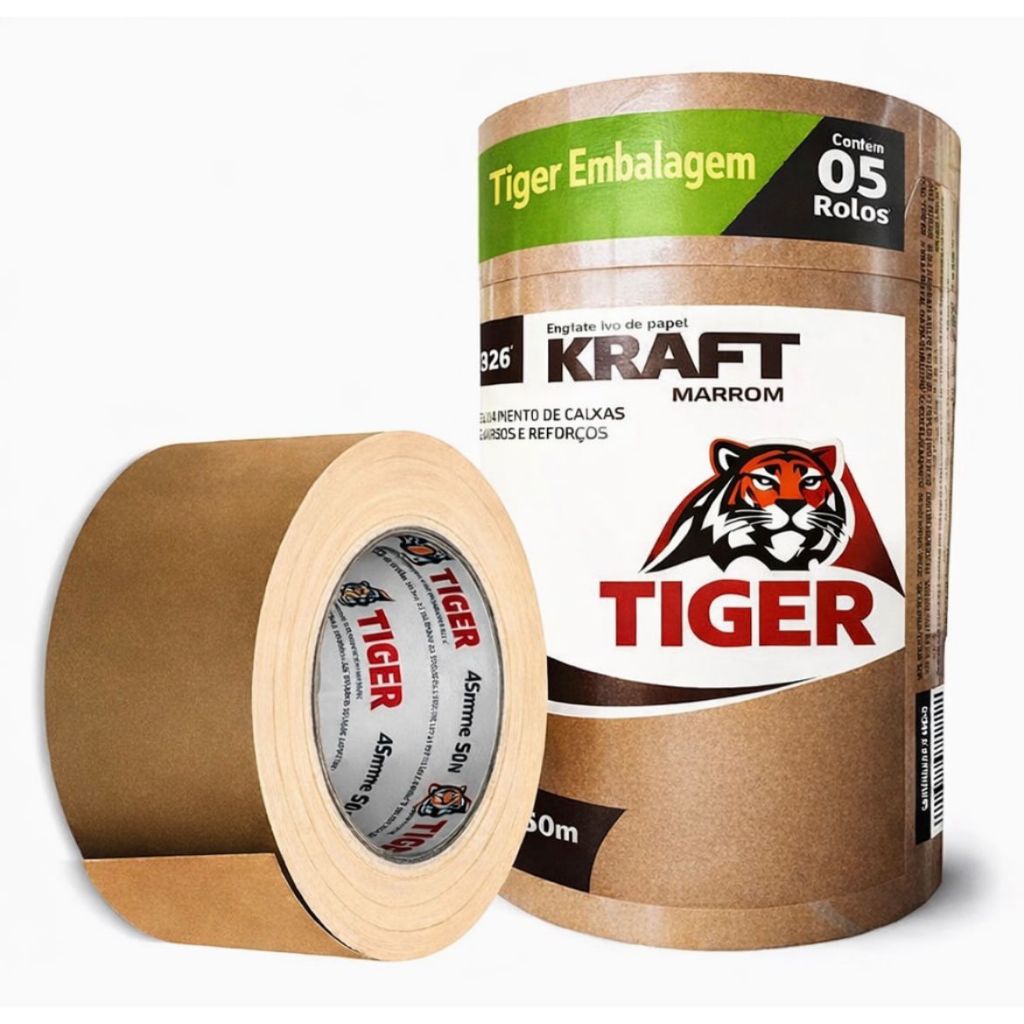 Kit 5 Fita Adesiva Kraft Embalagem Papel Crepado 45mm X 50m Cor Marrom Liso - Fitas Adesivas