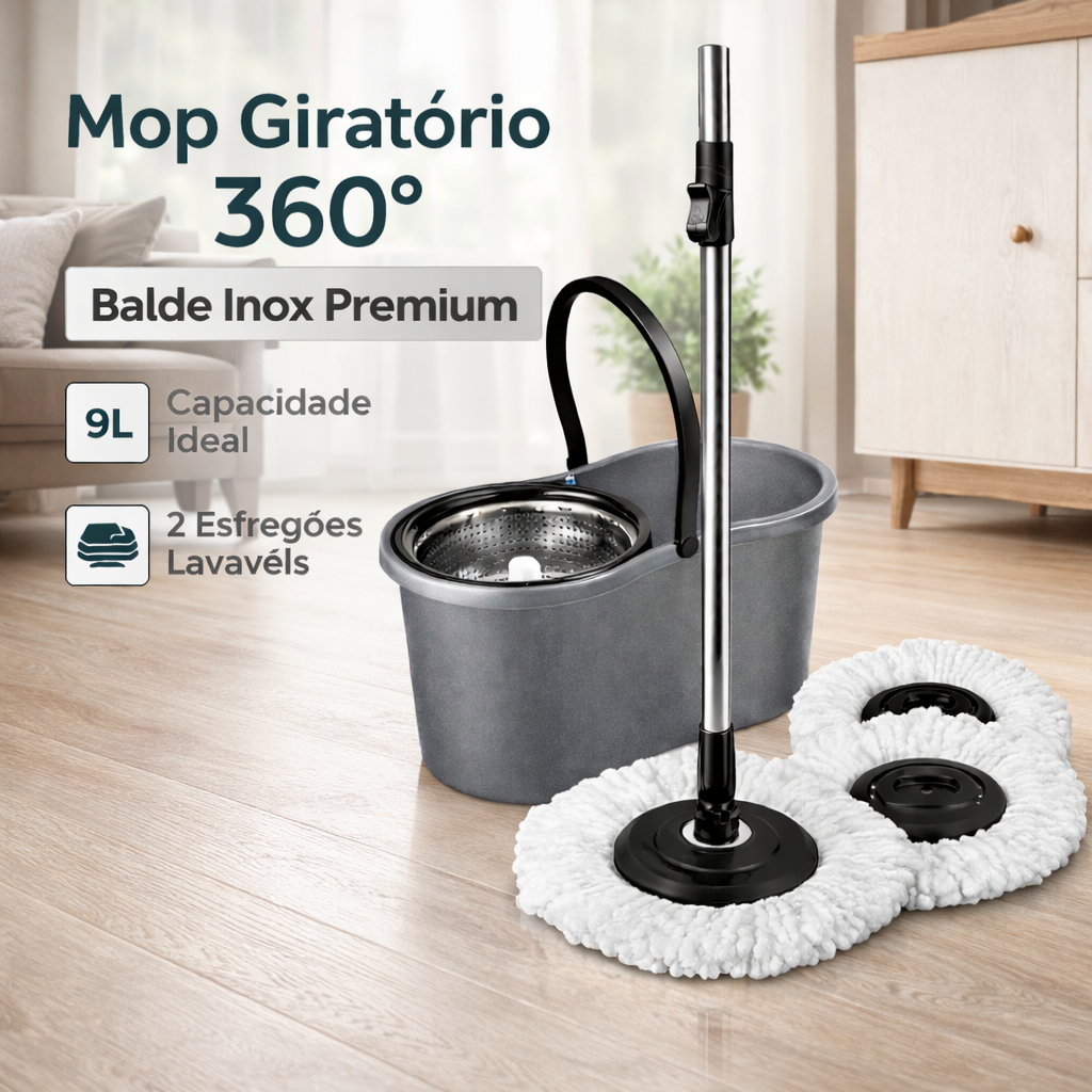 Mop Giratório 360 Cesto Inox 9L Com 2 Refis Microfibra Limpeza Profissional Premium