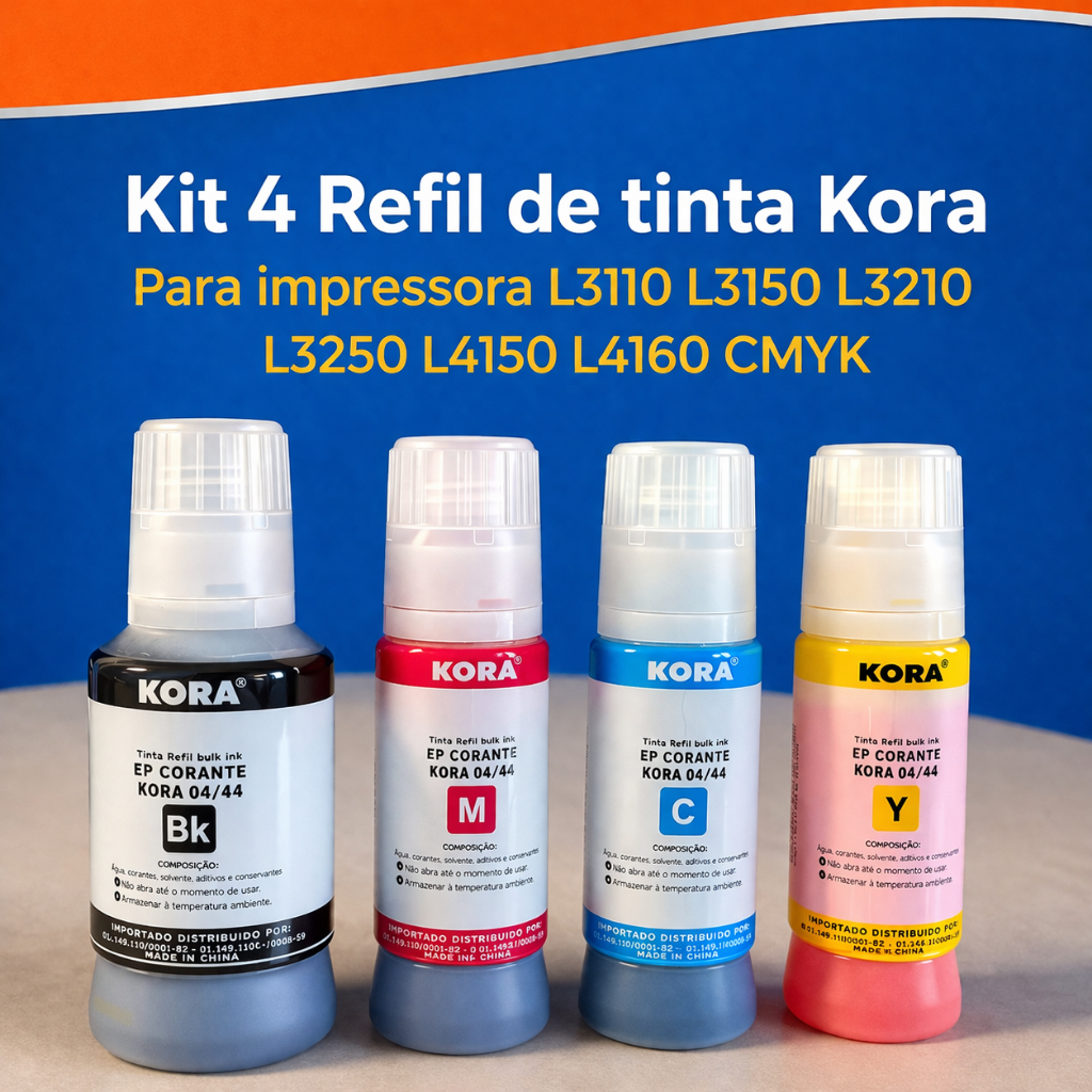 Kit combo 4 Refil de tinta Kora Para impressora L3110 L3150 L3210 L3250 L4150 L4160 CMYK 04/44