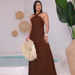 Vestido Longo Gravatinha Feminino Elegante no Tecido Duna com Forro