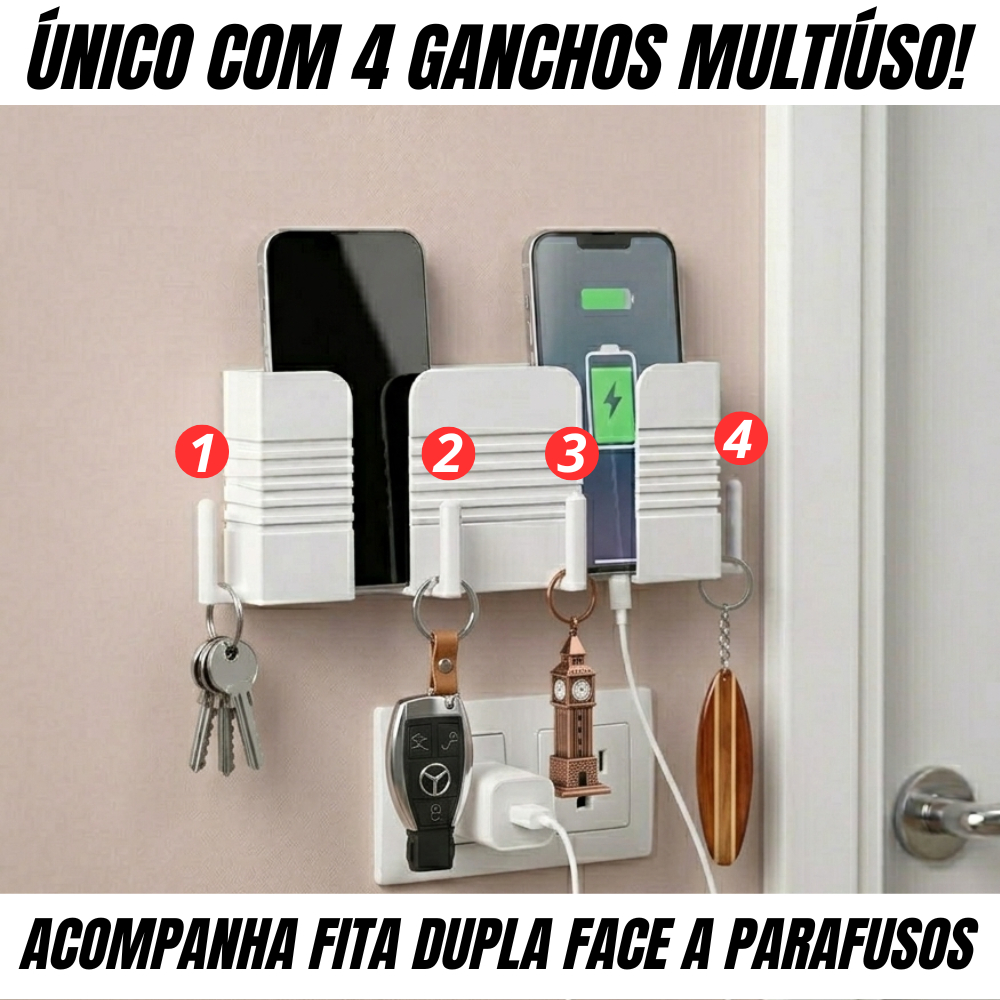 Suporte 2 em 1 de Parede Para Celular e Smartphone com Ganchos Multiuso Melhor Organizção Controle Remoto e Chaves
