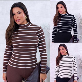 Kits Blusas Feminina Cacharrel Manga Longa Gola Alta Listrada  Moda Básica Casual Inverno em Oferta na Shopee