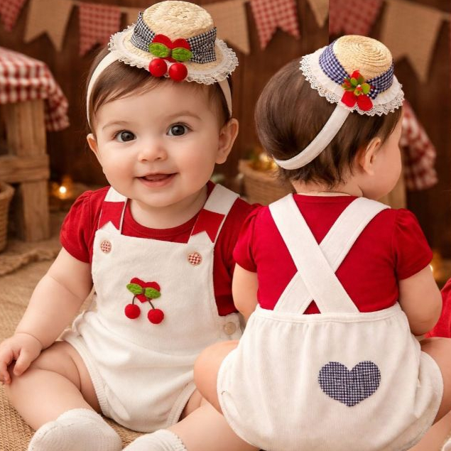 Romper Cerejinha Mésversario Bebê e Tiara Chapéu Palha Festa Junina Quadrilha Arraia, Recém-nascida, Roupa Fotografia