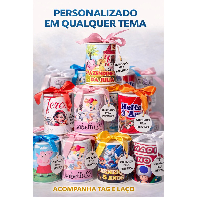 Cofrinho Personalizado para Festa Infantil TODOS OS TEMAS | Lembrancinha Luxo com Laço e Tag aniversário festa infantil