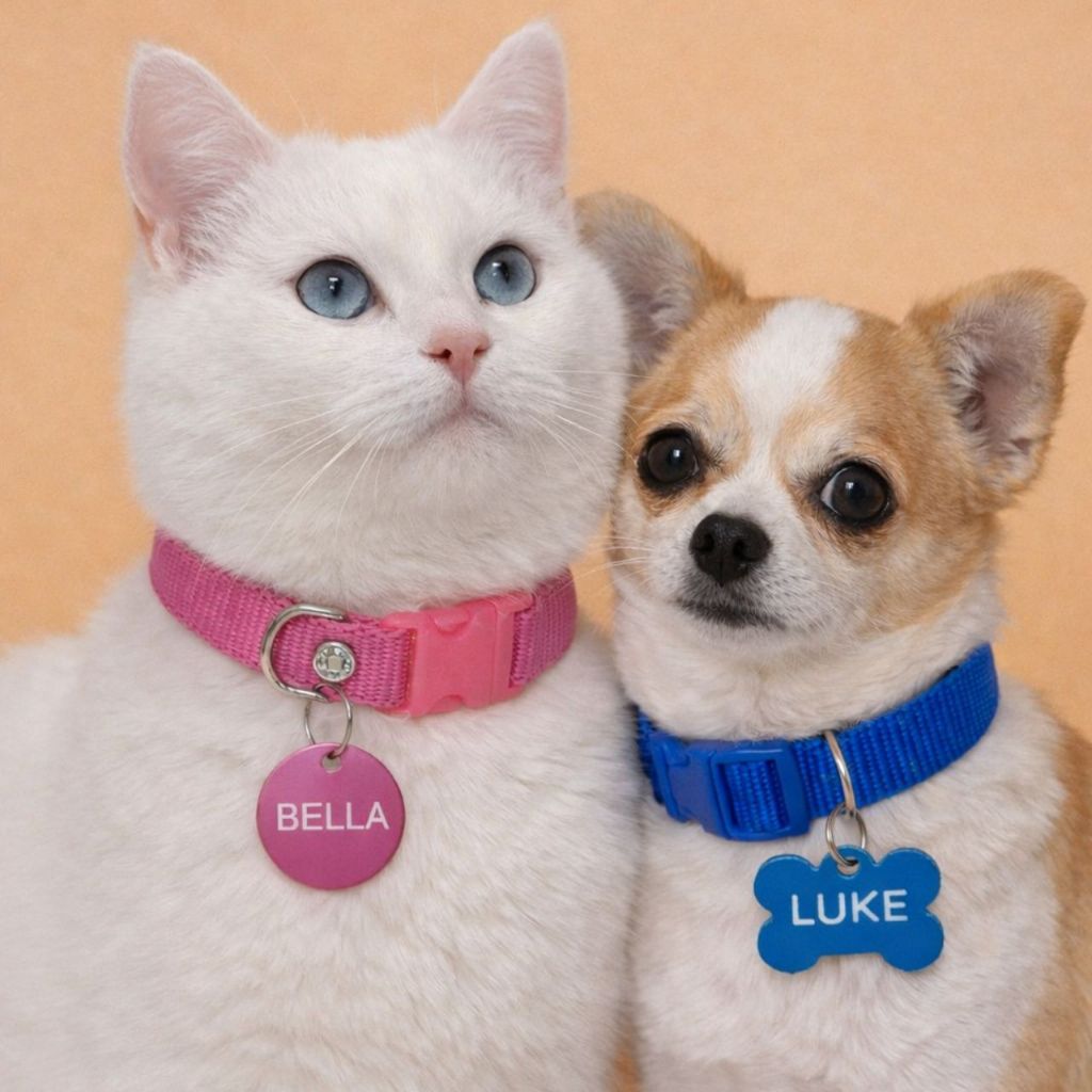 Coleira pet com plaquinha de identificação personalizada para gato e cachorro