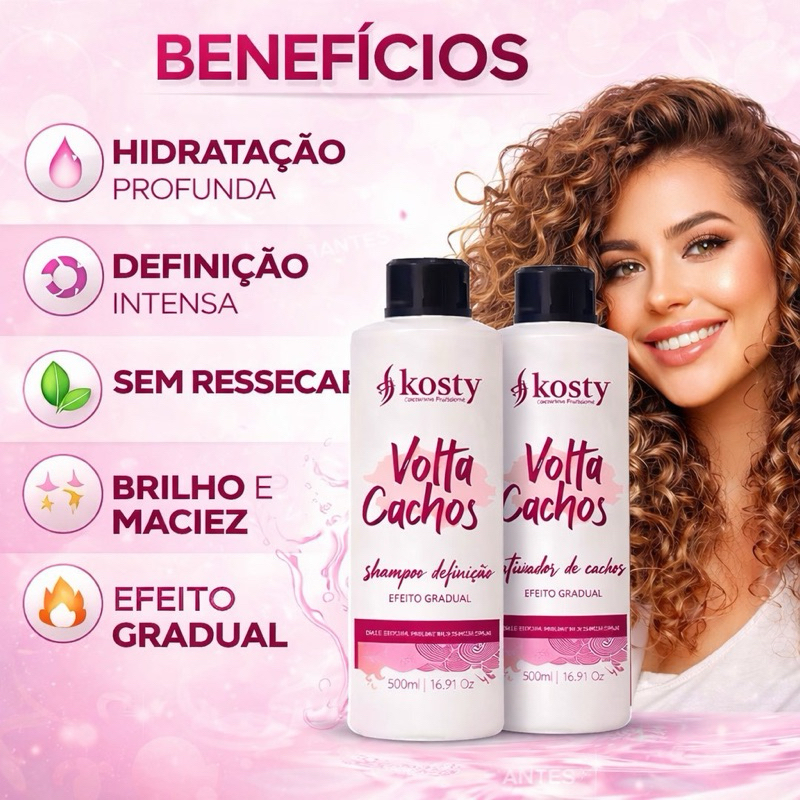 Kit Cachos Perfeitos Kosty Volta Cachos Shampoo 500ml + Ativador 500m| ,Hidratação Definição Imediata