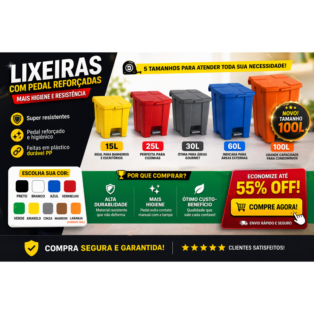 Lixeira com Pedal 15L 25L 30L 60L 100L Reforçada Profissional | Tampa + Aro Alta Resistência