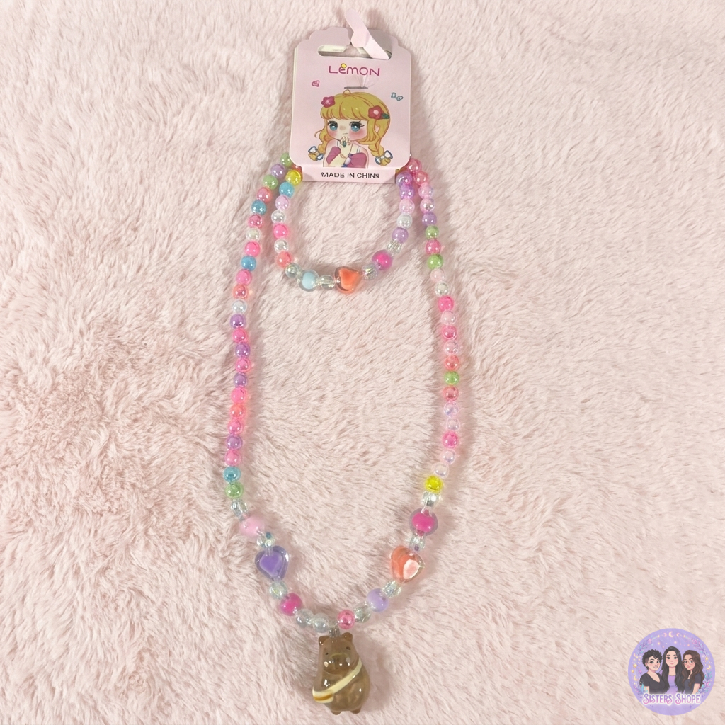 Kit Colar Kids e Pulseira Artesanal Miçangas Colar Com Perolas Transparentes Rosa Colar Infantil Pulseira Infantil