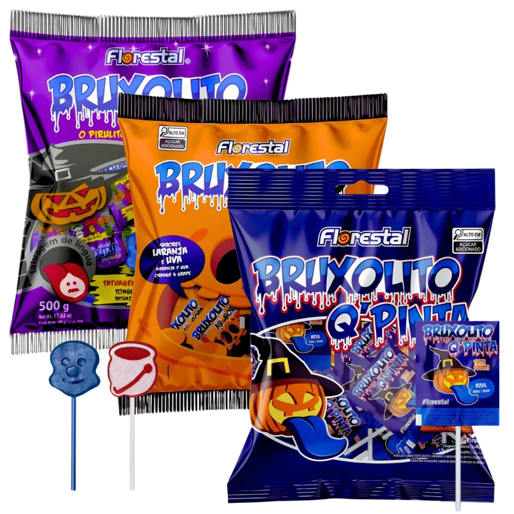 Kit 3 Pirulitos Bruxolito Florestal 500g Cada Doces Tatuagem Pinta Língua Azul Halloween Dia das Crianças