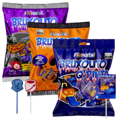 Kit 3 Pirulitos Bruxolito Florestal 500g Cada Doces Tatuagem Pinta Língua Azul Halloween Dia das Crianças
