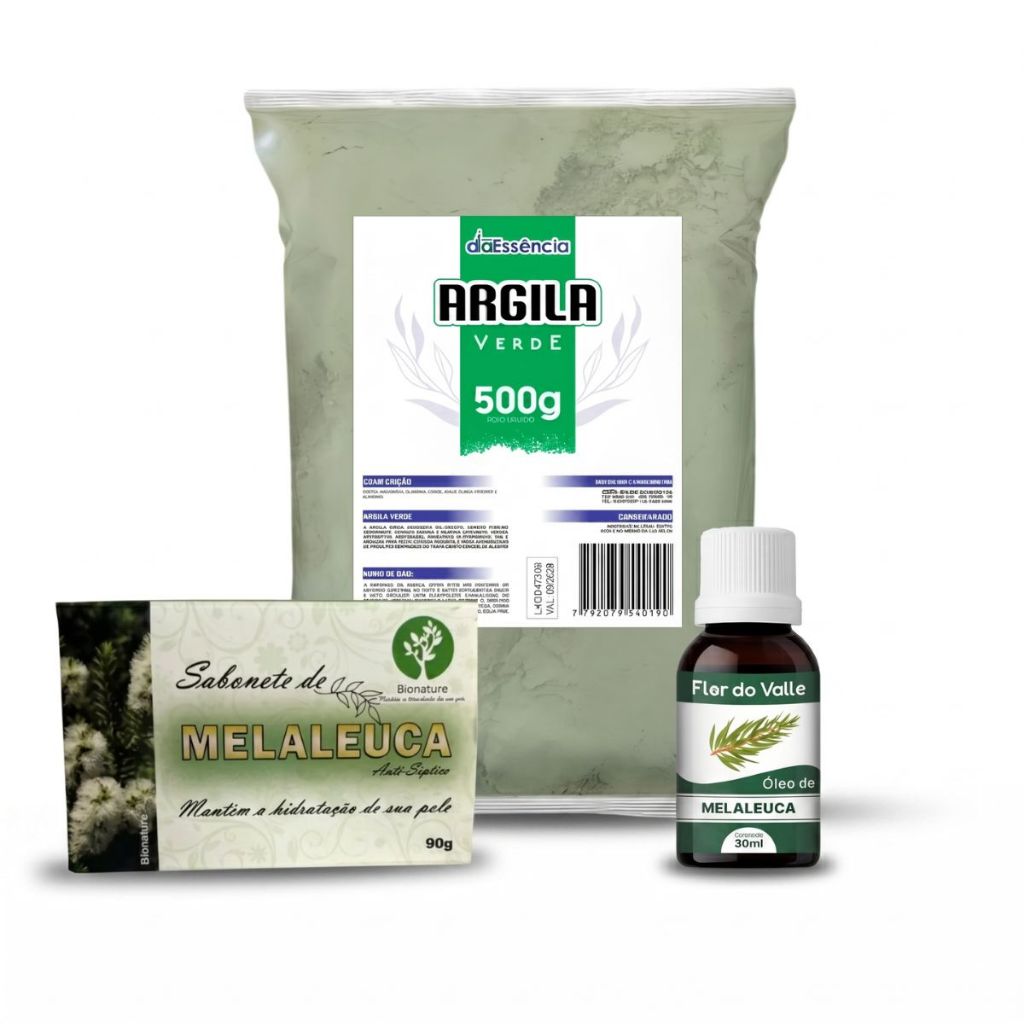 Kit Anti Acne Pele Oleosa Argila Verde 500g mais Oleo e Sabonete de Melaleuca Limpeza Facial Natural