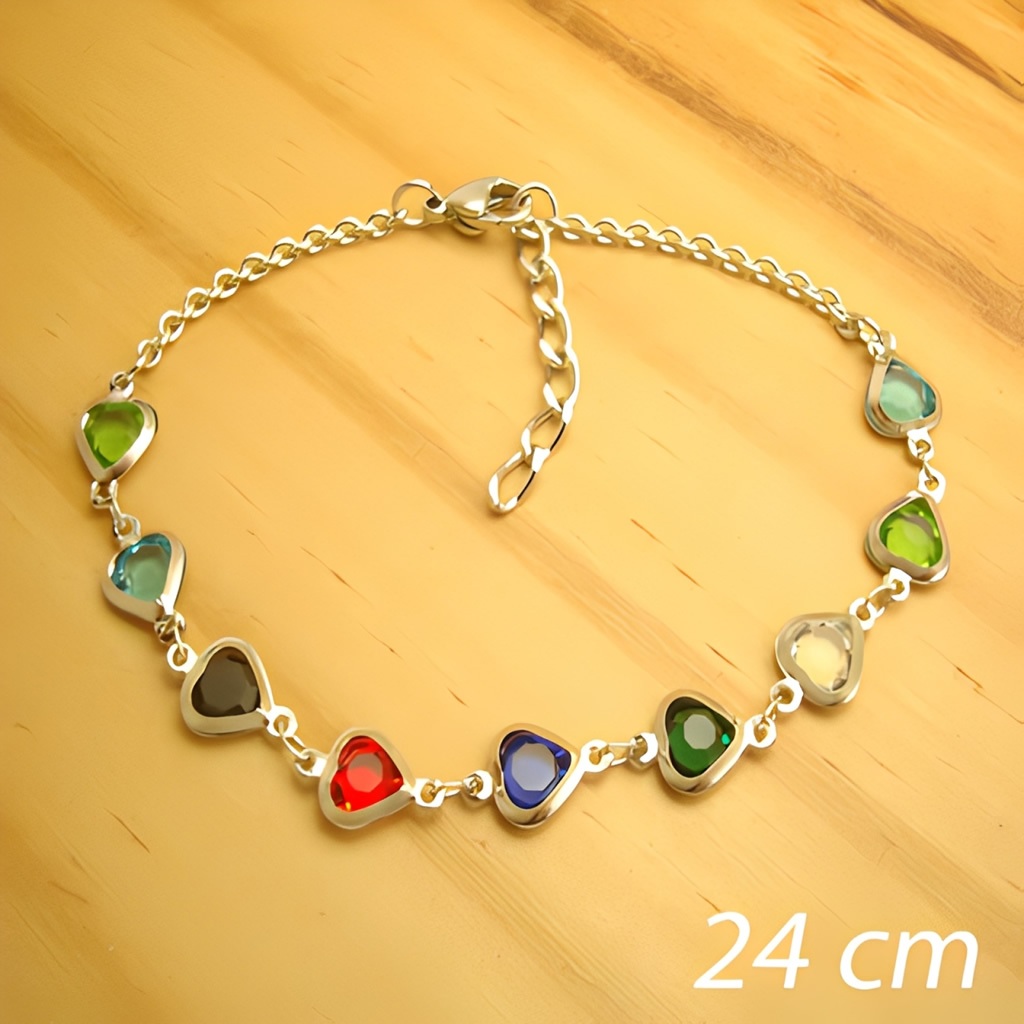 INOX - Tornozeleira Feminina em Aço Inox Cor Prata - Corações Cristais Coloridos 24 cm + Extensor