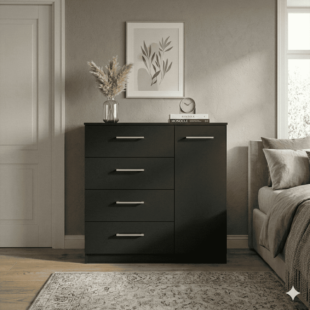 Cômoda Organizadora 4 Gavetas e 1 Porta com Prateleira Design Moderno para Quarto Sala e Escritório