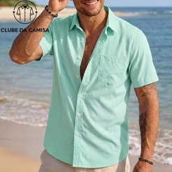 Camisa Social Slim Fit Masculina Manga Curta Lisa Com Bolso