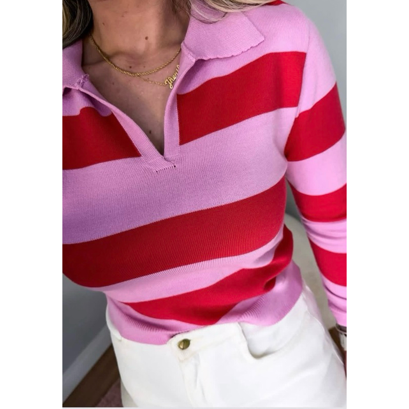 Blusa gola polo listrada outono inverno tricot suéter feminino manga longa modal premium camisa comprida
